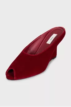 Red velvet wedge shoes