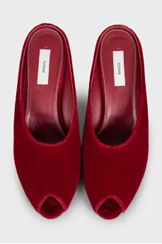 Red velvet wedge shoes