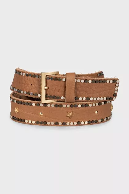 Brown leather belt with decor
