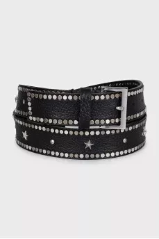 Black leather belt with silver decor