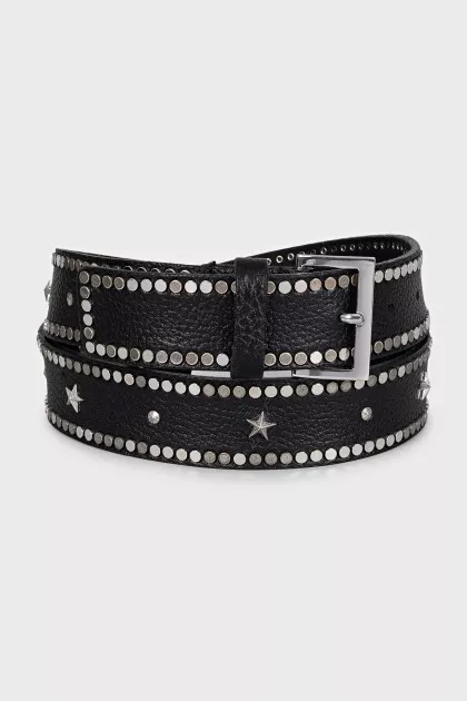 Black leather belt with silver decor