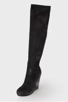 Black suede wedge heeled boots
