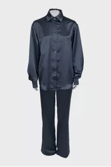 Blue satin straight-cut suit