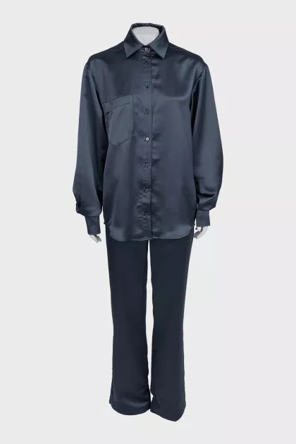 Blue satin straight-cut suit
