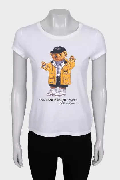 White straight-cut T-shirt with a signature print