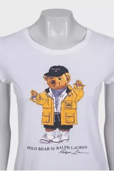 White straight-cut T-shirt with a signature print