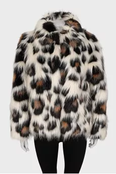 Cropped fur coat with animal print