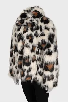 Cropped fur coat with animal print