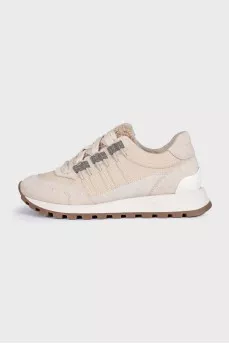 Beige leather sneakers with fur trim