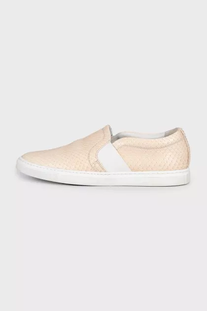 Beige leather slip-ons with embossing