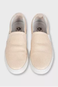 Beige leather slip-ons with embossing
