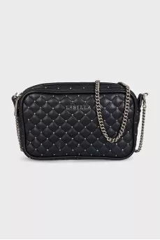 Black quilted leather bag with decoration