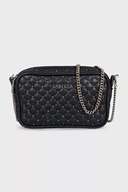 Black quilted leather bag with decoration