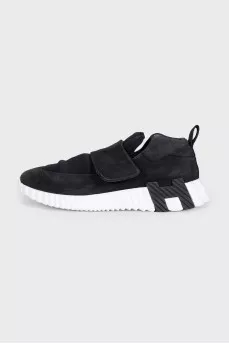 Black suede sneakers with a lug sole