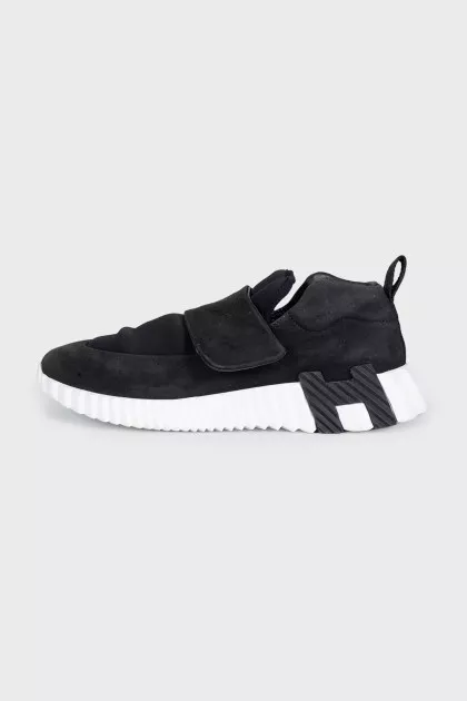 Black suede sneakers with a lug sole
