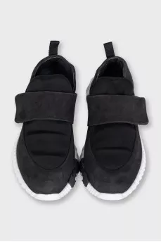 Black suede sneakers with a lug sole