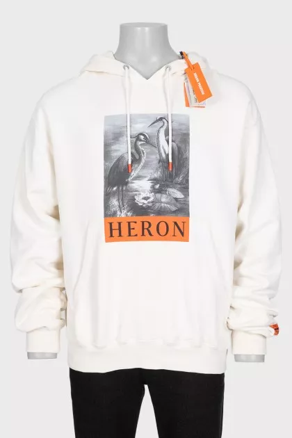 Men's white hoodie with print and tag