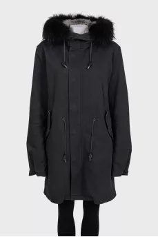 Black insulated parka with fur