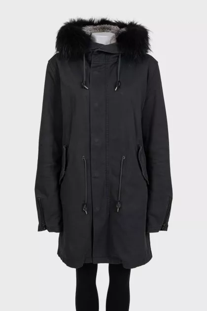 Black insulated parka with fur
