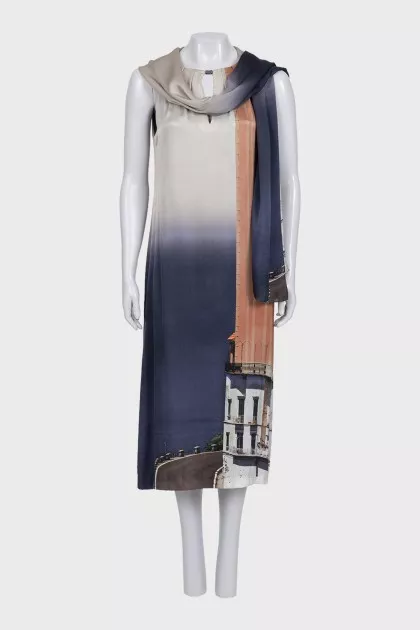 Blue dress with a printed scarf