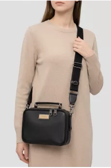 Black leather crossbody bag with metal logo