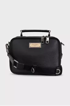 Black leather crossbody bag with metal logo