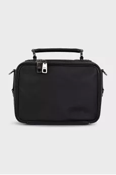 Black leather crossbody bag with metal logo