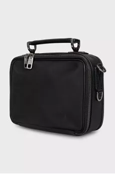 Black leather crossbody bag with metal logo