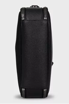 Black leather crossbody bag with metal logo