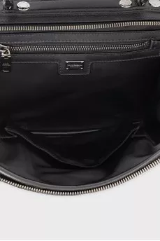 Black leather crossbody bag with metal logo
