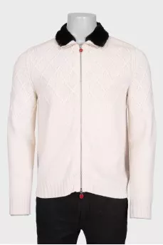 Men's cashmere cardigan with a fur collar