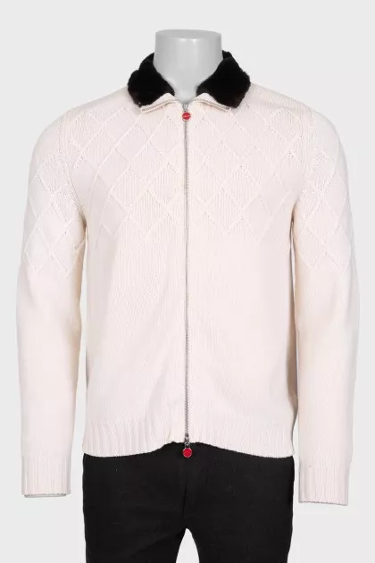 Men's cashmere cardigan with a fur collar