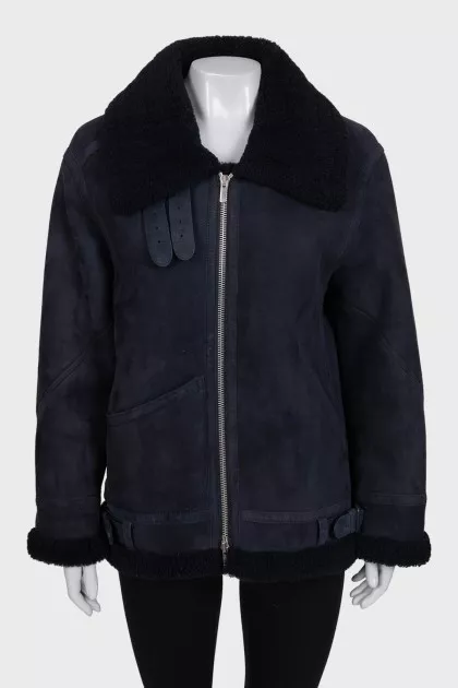 Dark blue suede sheepskin coat