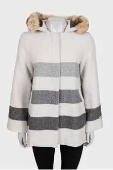 White striped coat with a hood