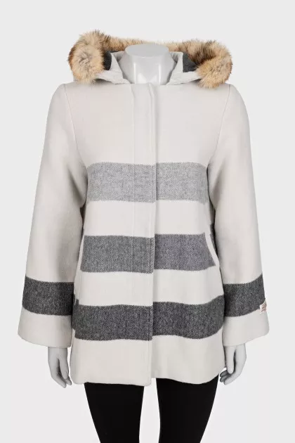 White striped coat with a hood
