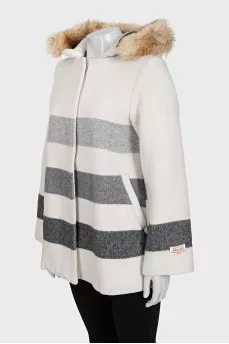 White striped coat with a hood