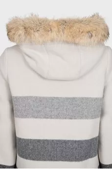 White striped coat with a hood