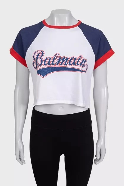 White top with print and colored sleeves