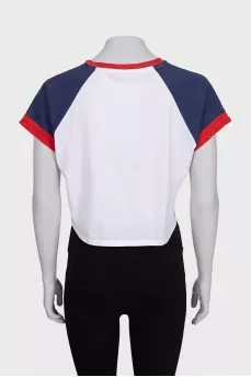 White top with print and colored sleeves