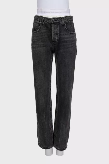 Black straight jeans with double waistband