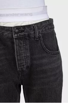 Black straight jeans with double waistband