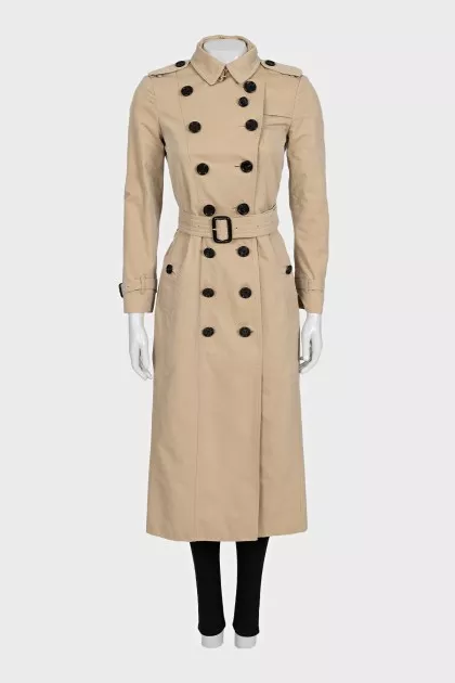 Beige fitted button-down trench coat with belt