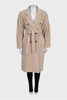 Double-breasted wool and cashmere coat with belt