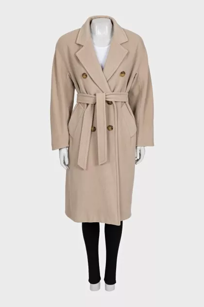 Double-breasted wool and cashmere coat with belt