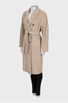 Double-breasted wool and cashmere coat with belt