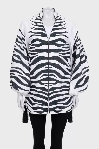 Linen printed blouse with puff sleeves