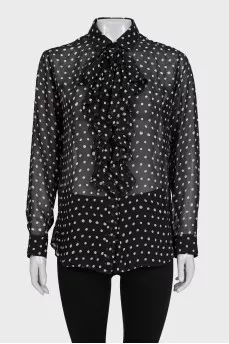 Black translucent silk blouse with white polka dots