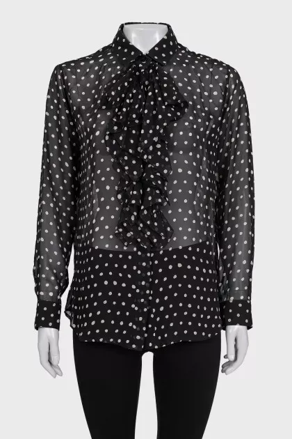 Black translucent silk blouse with white polka dots