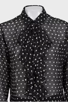 Black translucent silk blouse with white polka dots