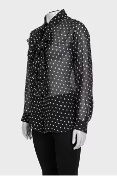 Black translucent silk blouse with white polka dots